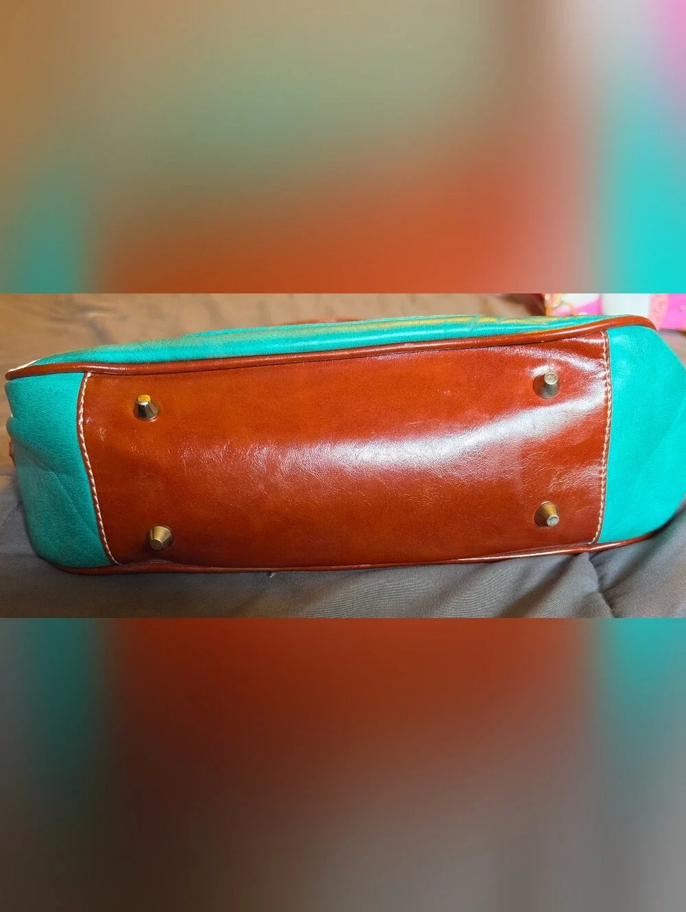 Cowgirl Trendy Turquoise and Brown Embroidered Shoulder Bag with Stud Accents